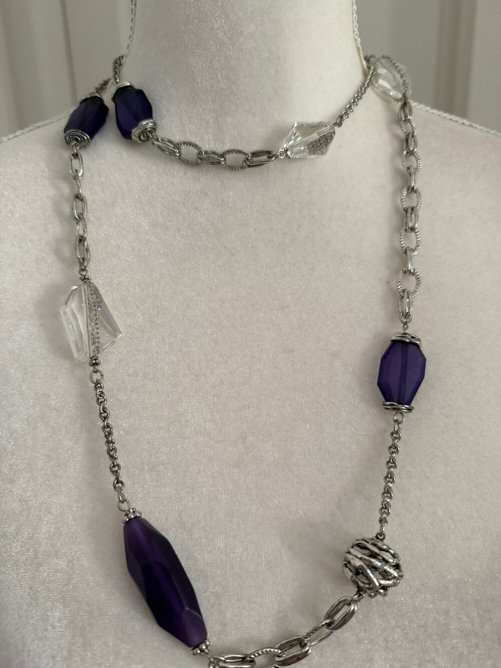 Chico's Silver Tone Necklace with dark purple and clear beads. 44" long, New.